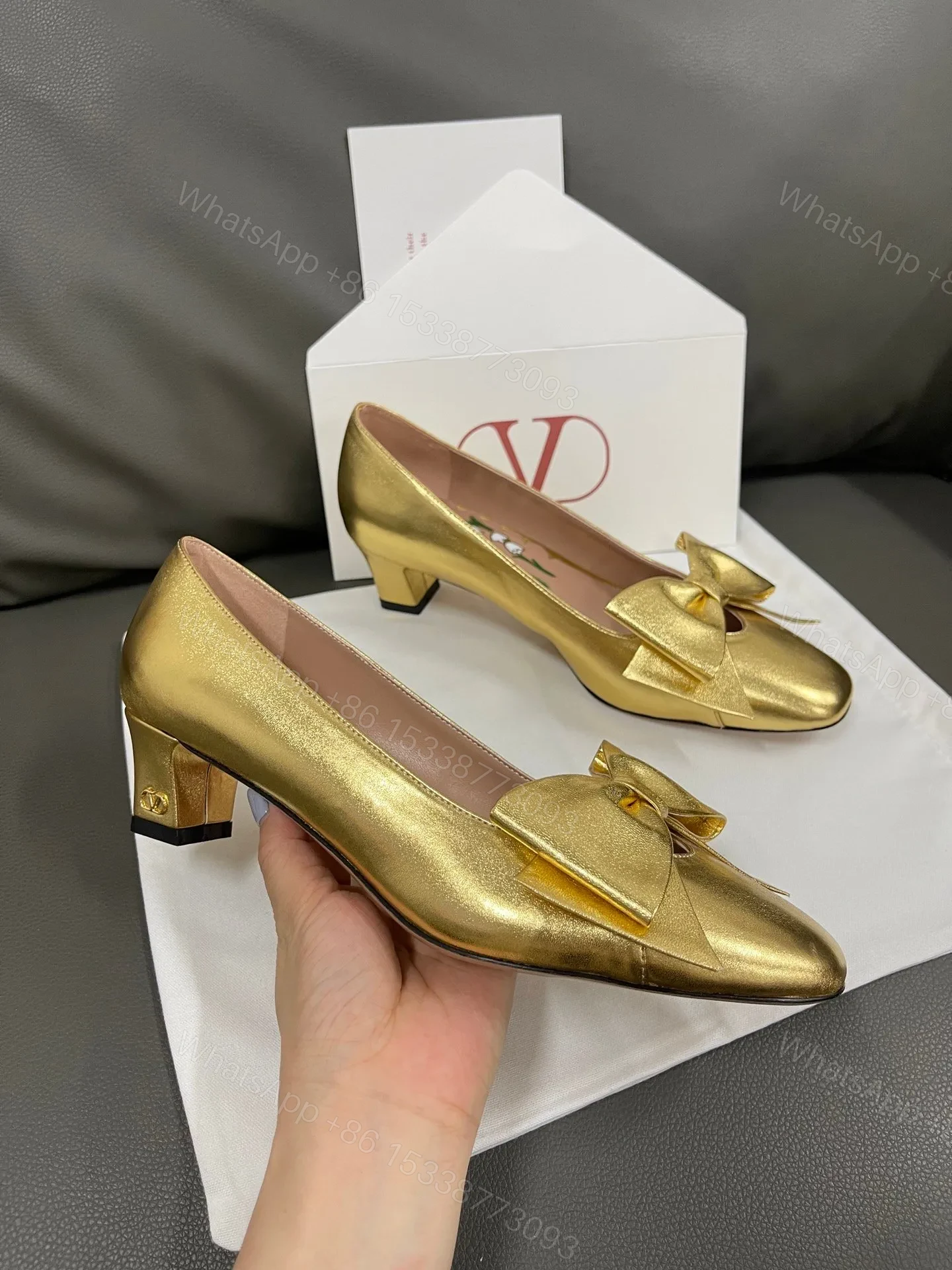 View 5 of Valentino Women Gold Leather Bow Detail Pumps