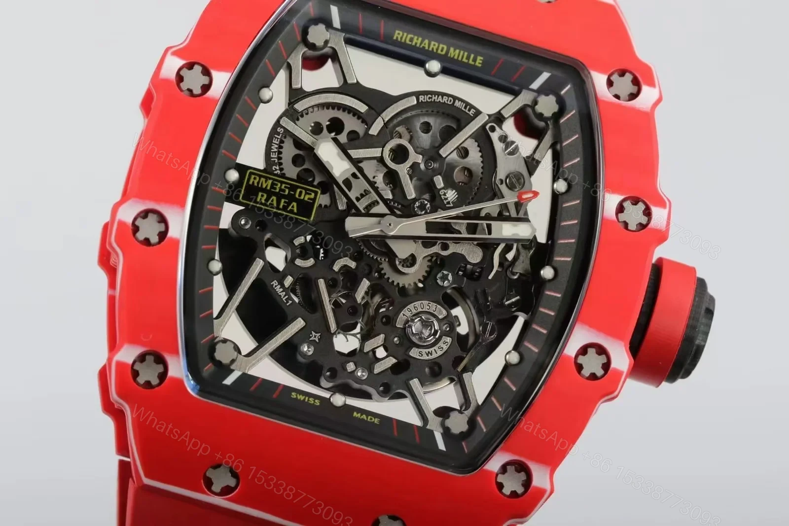 View 6 of Richard Mille RM35-02 Automatic Skeleton Watch Red Carbon Fiber Case Red Strap RMAL1 Movement White Gemstone Shock Absorber Premium Edition RM-RM35-02-RED-RED-SKL