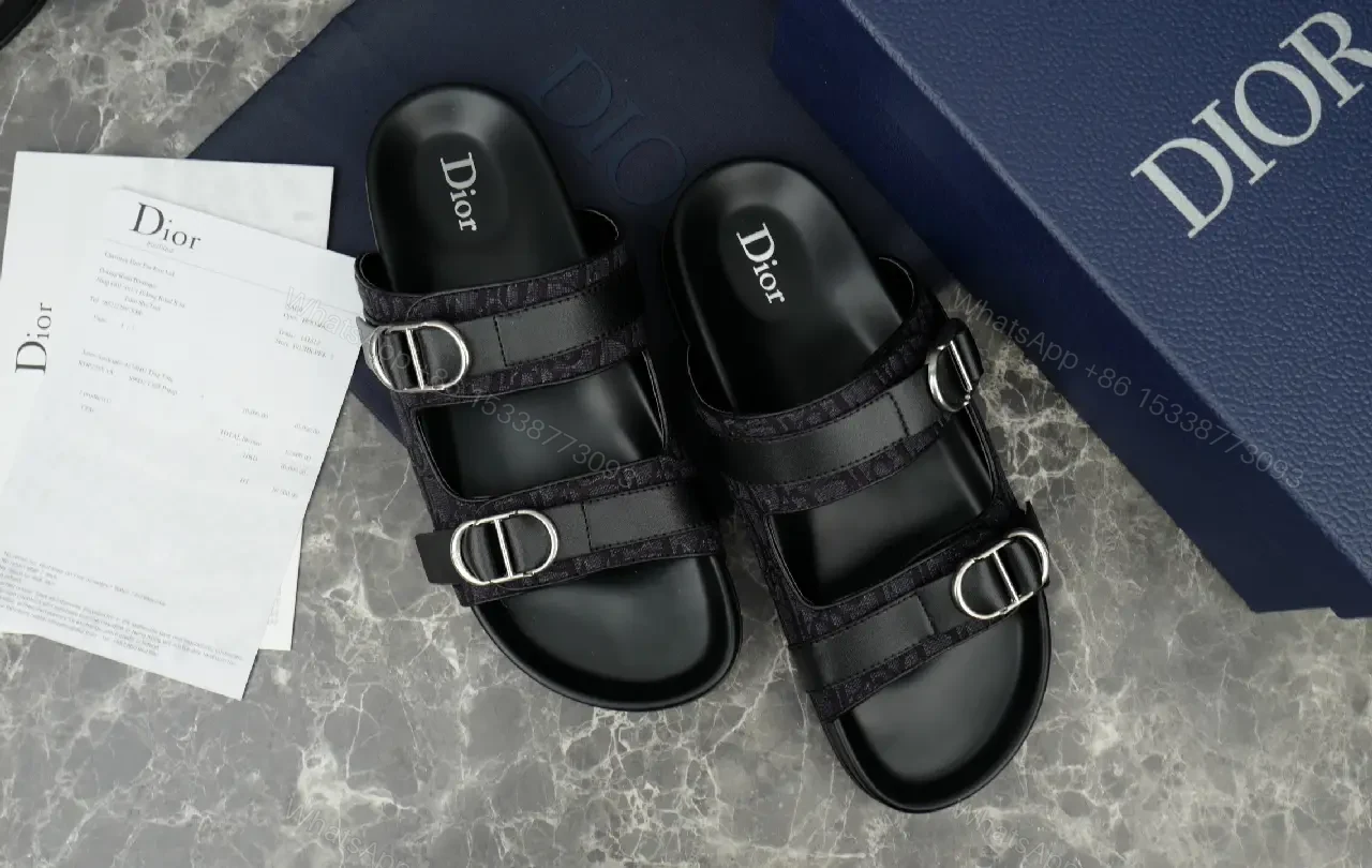 View 3 of Black Leather Sandals, Mule Style, Buckle Straps, Dior Type Product