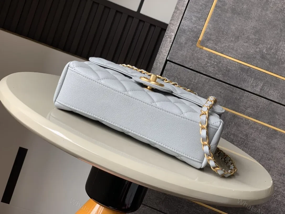 View 9 of Gray Quilted Classic Bag with Gold Chain, Structured Silhouette