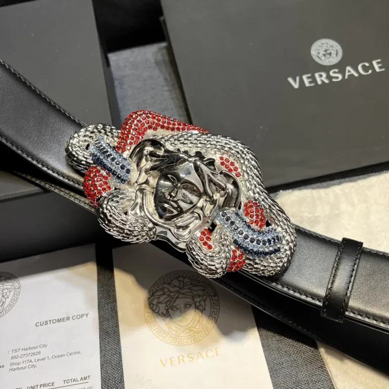 View 3 of Versace Crystal Medusa Belt: Premium Black Leather Luxury Belt