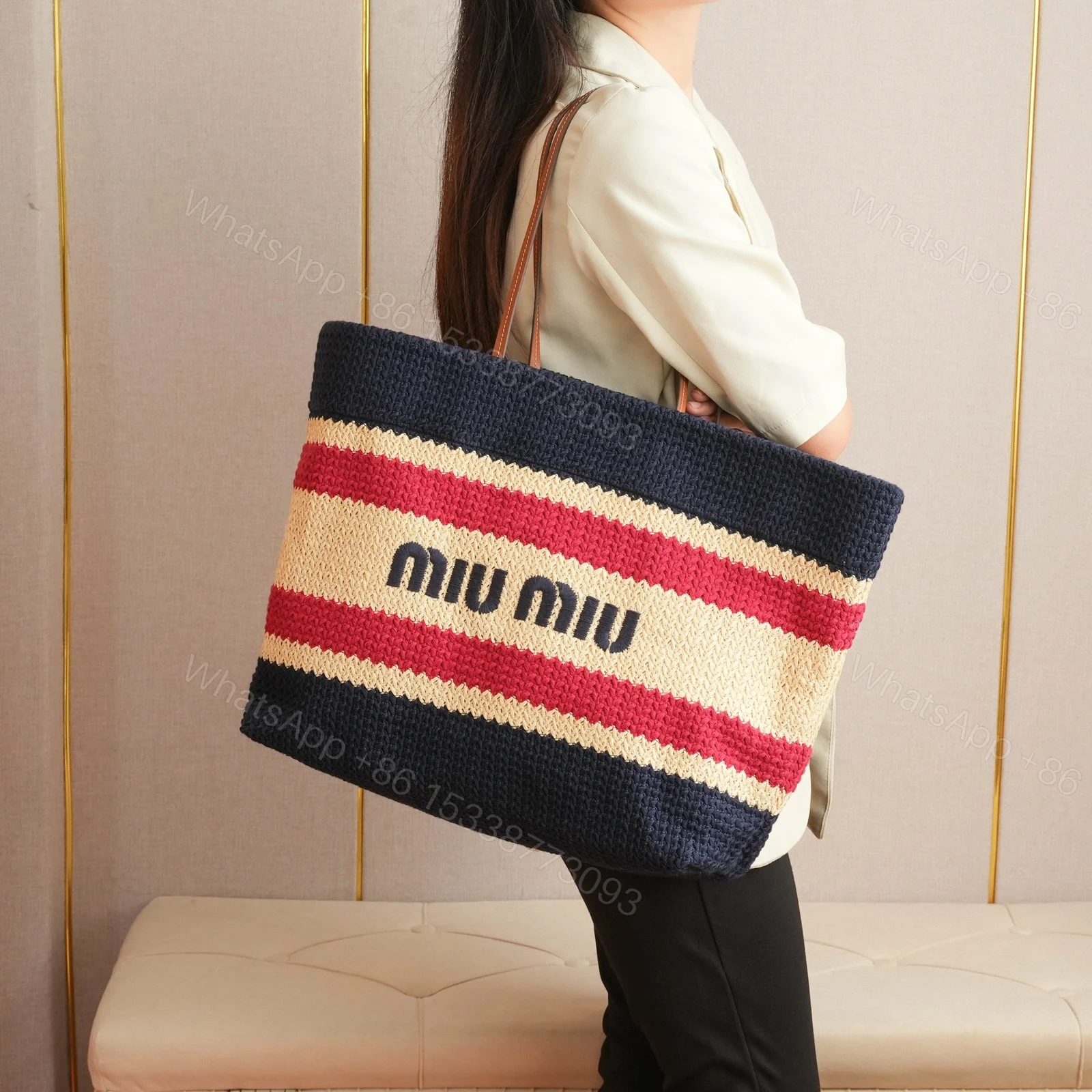 View 11 of 高仿miumiu*5BG228拼色LOGO手提包深藍色免檢版