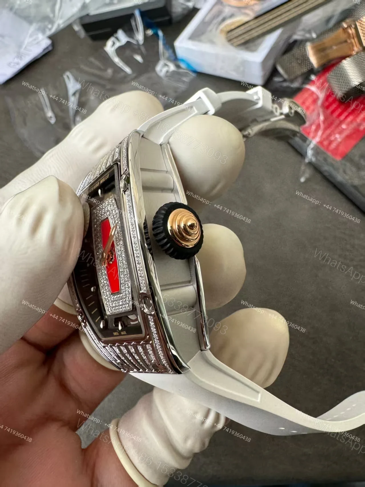View 8 of Super Clone Richard Mille RM 07 Full Diamond 1:1 Replica Watch with White Rubber Strap