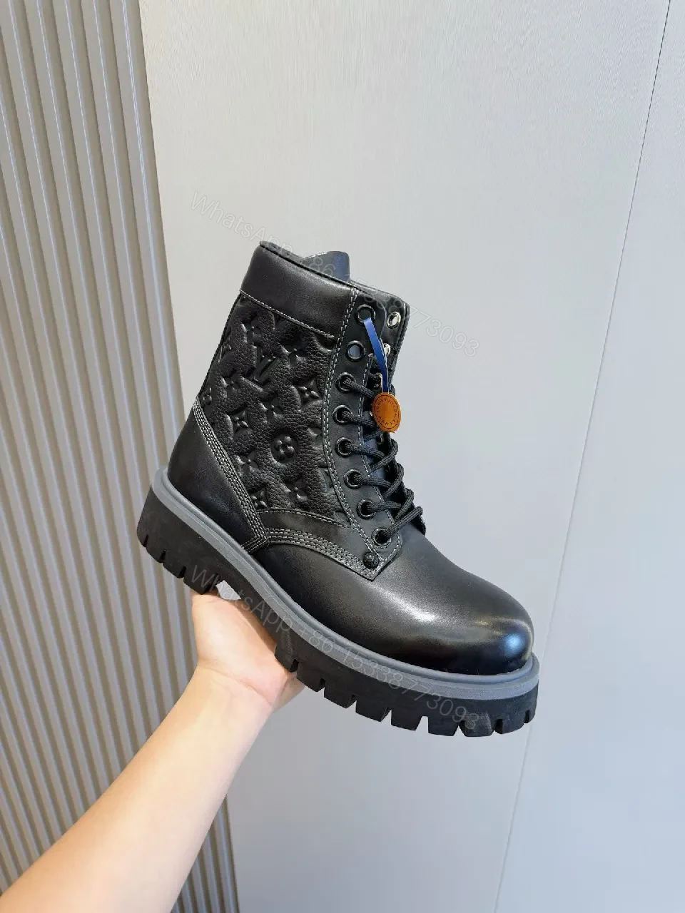 View 5 of Bold Textured Leather Combat Boots with Luxe Detailing
