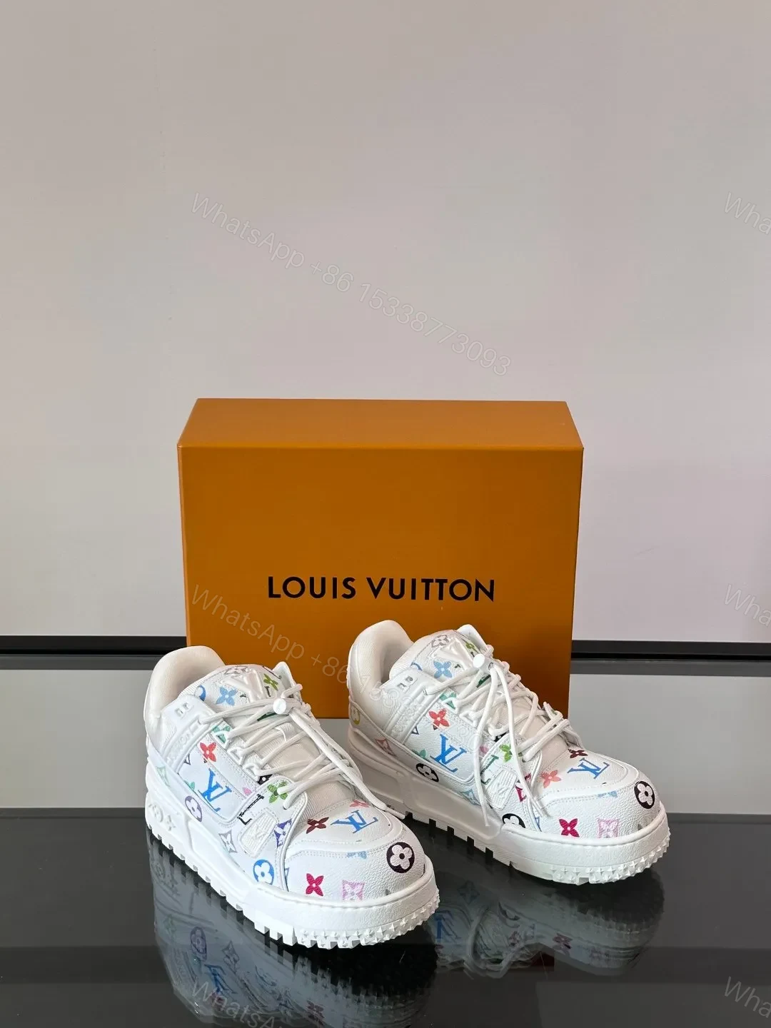 View 5 of LV Men White Leather Multicolor Pattern Sneakers