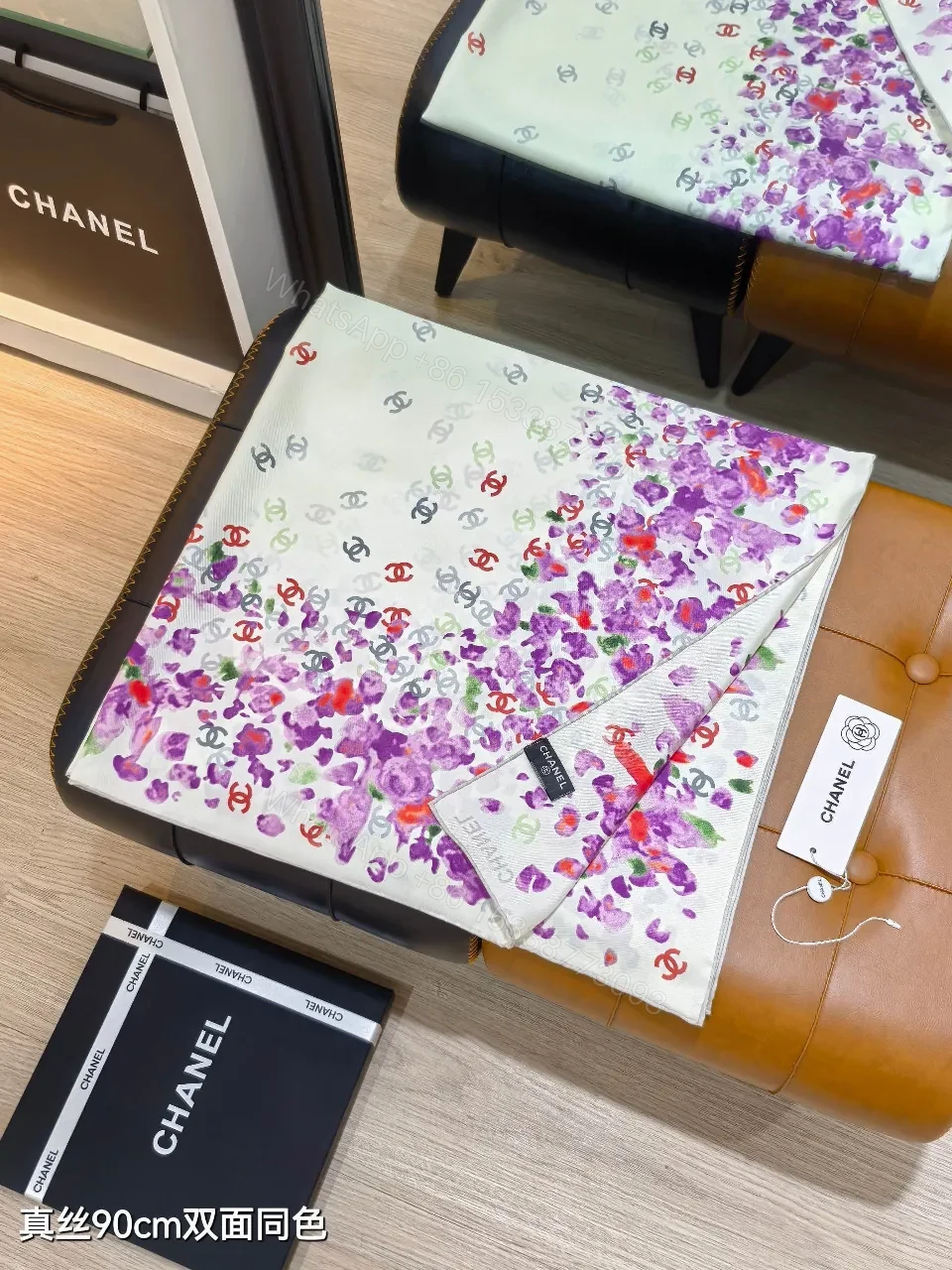 View 4 of Purple Silk Scarf: Floral Frame, Subtle Logo Detailing, 90cm square