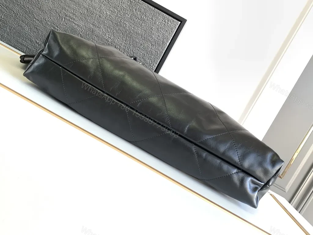 View 9 of Quilted Black Leather Tote with Chain - Luxe Everyday Bag