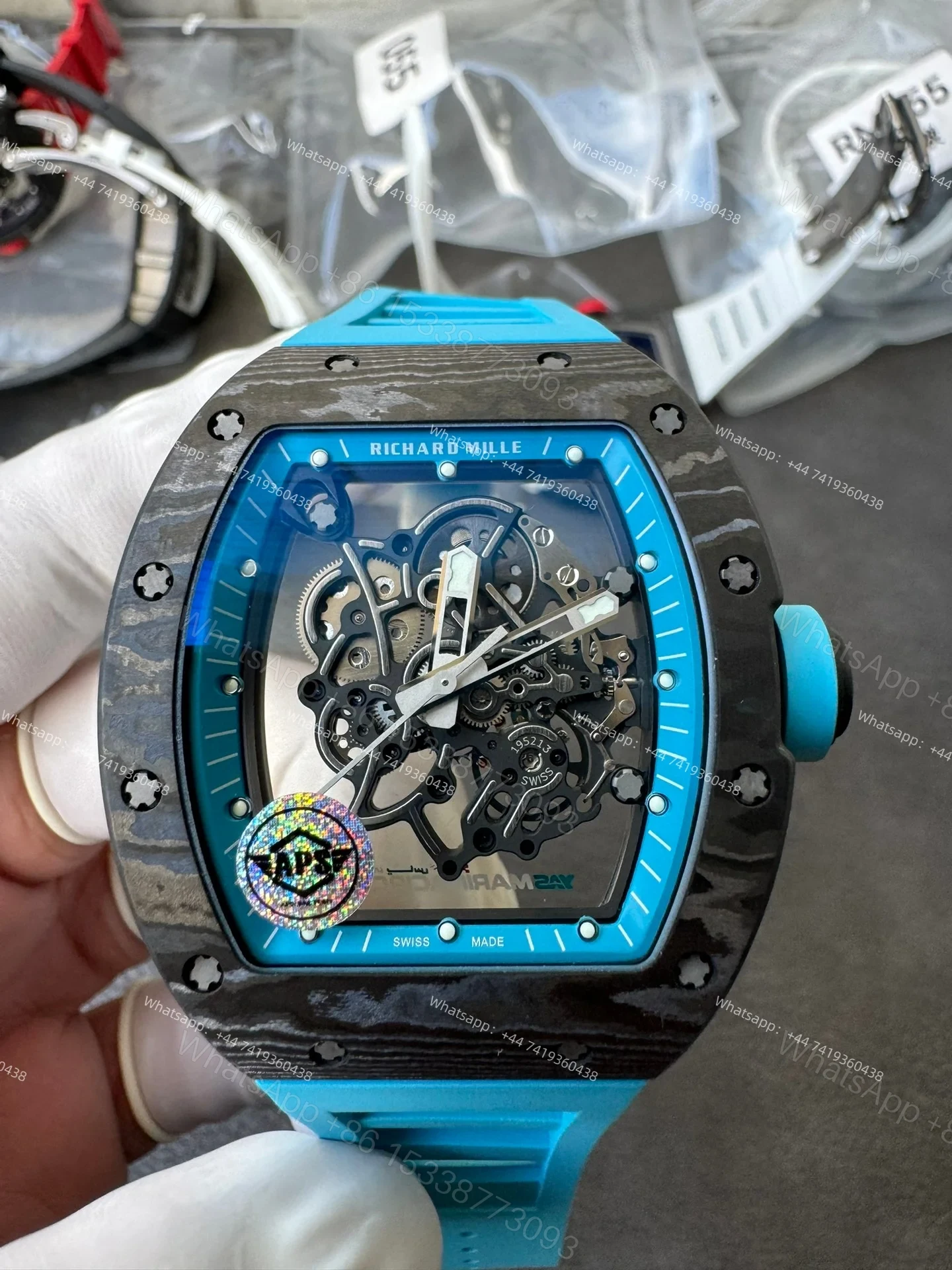 View 2 of Super Clone Richard Mille RM 055 Carbon TPT Blue Rubber Strap 1:1 Replica Watch