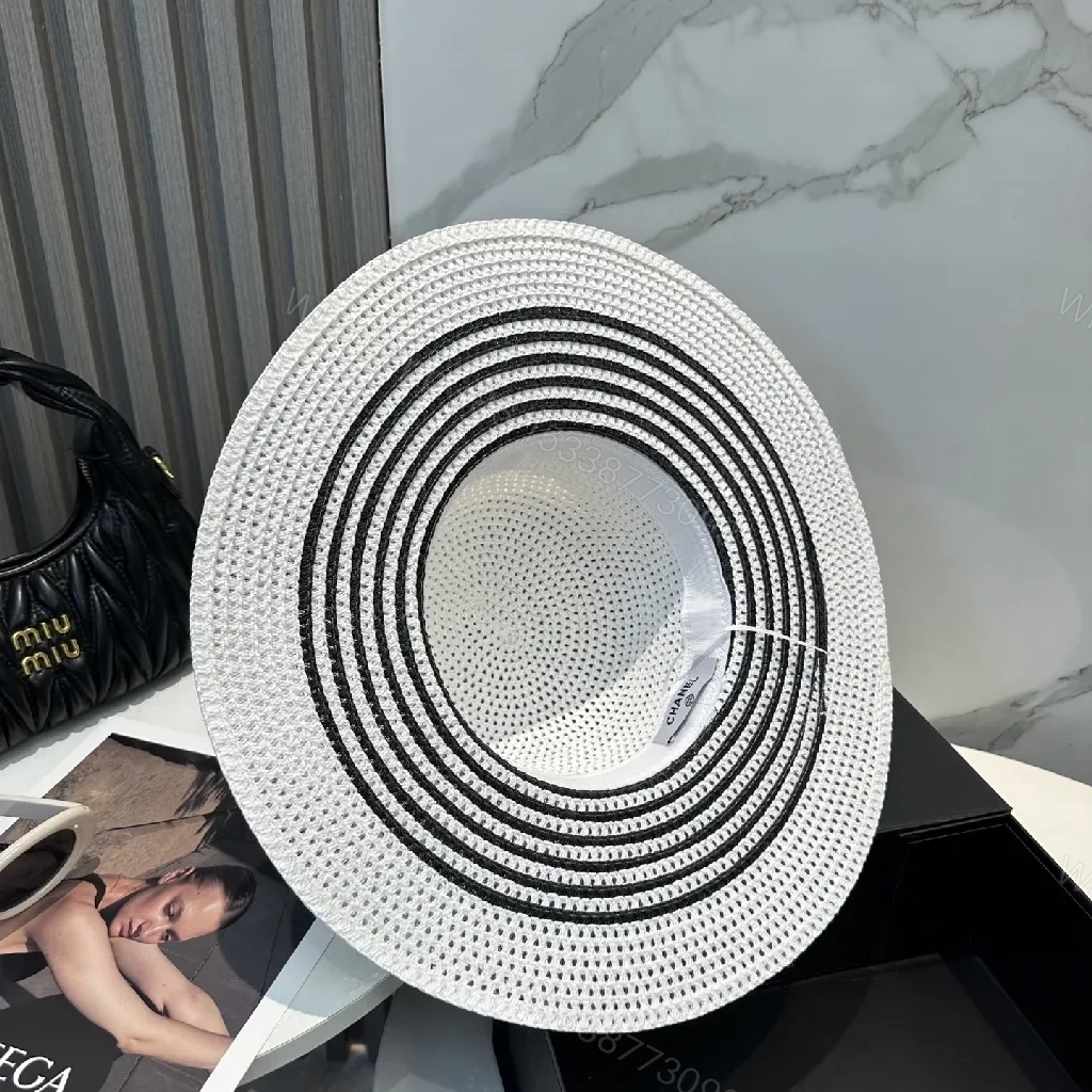 View 7 of White Straw Hat with Chanel-Inspired Band, Wide Brim, Luxe Comfort