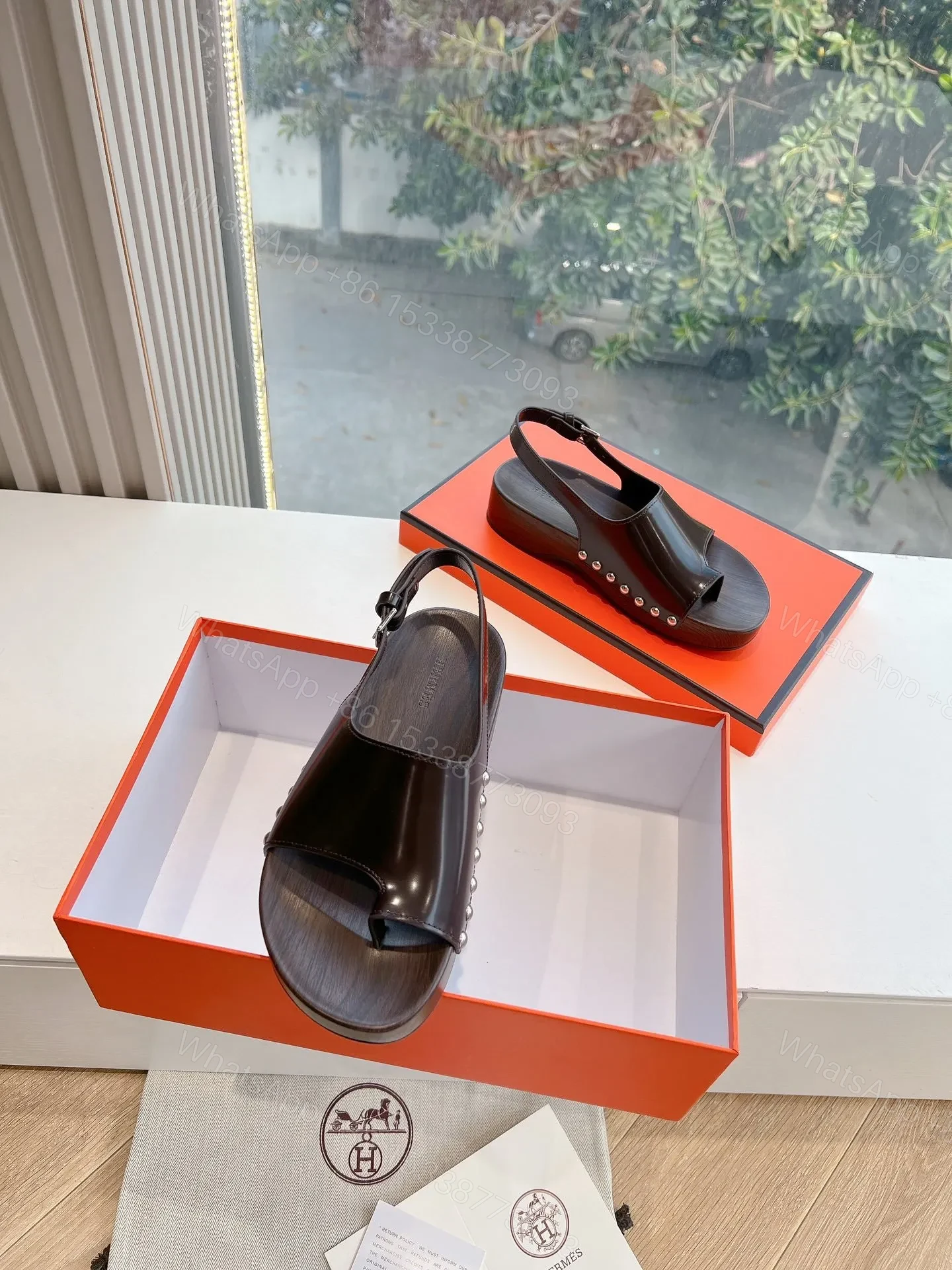 View 3 of Hermes Women Dark Brown Leather Slingback Sandals