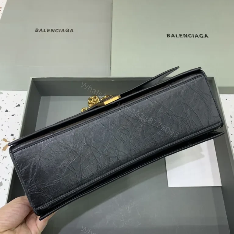 View 6 of Structured Black Leather Crossbody Bag with Gold Chain