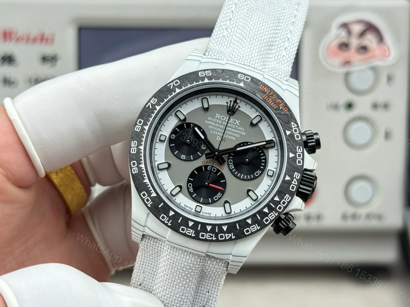 View 3 of Rolex Daytona Carbon Fiber Panda White Strap Replica 40MM Premium Black Bezel EditionRG-ROLEX-DAYTONA-R74-WHITE-STRAP