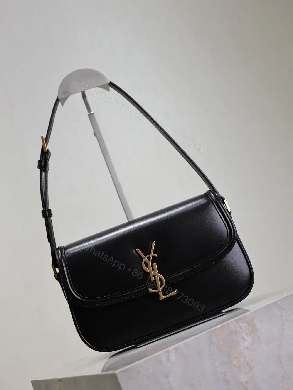 View 10 of Compact Black Leather Shoulder Bag with Gold Hardware