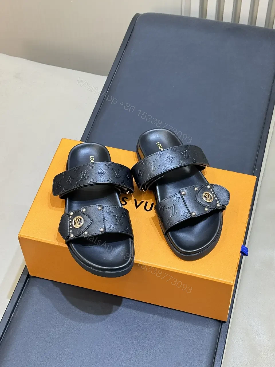View 4 of Black Leather Slides Louis Vuitton Style Slide Sandals