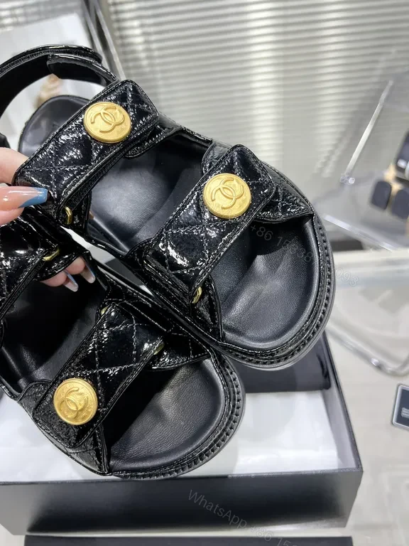View 2 of Chanel-Inspired Black Patent Sandals with Gold Buttons