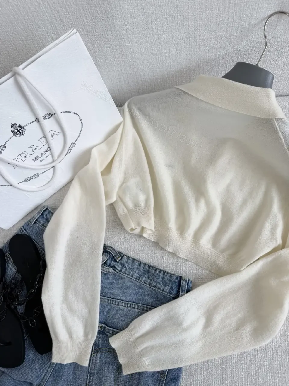 View 9 of Cream Polo Knit Sweater with Prada Logo, Classic Raglan