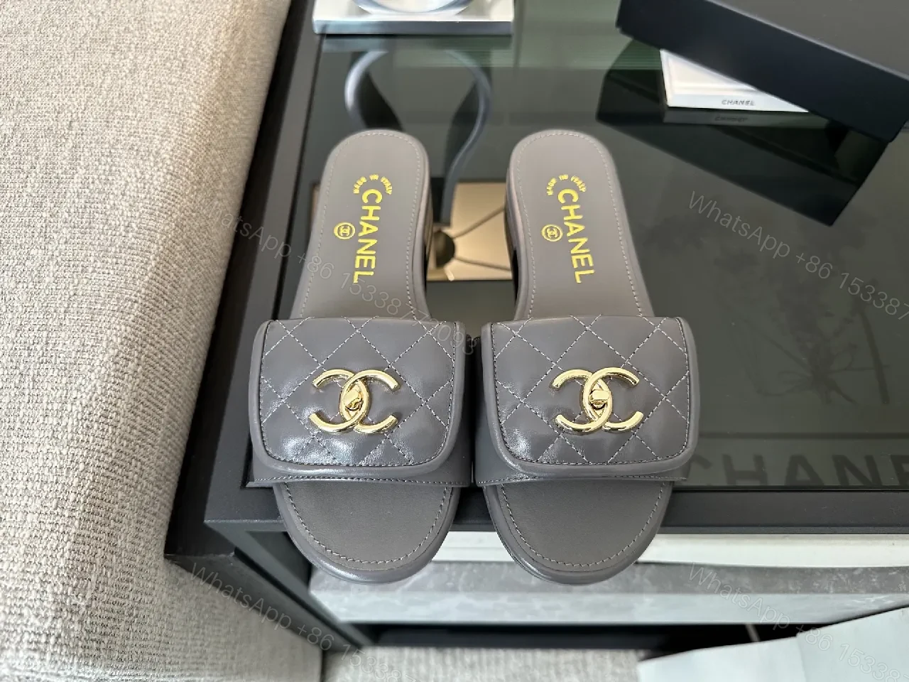 View 7 of Quilted Leather Slides with Gold Logo – Luxe Comfort