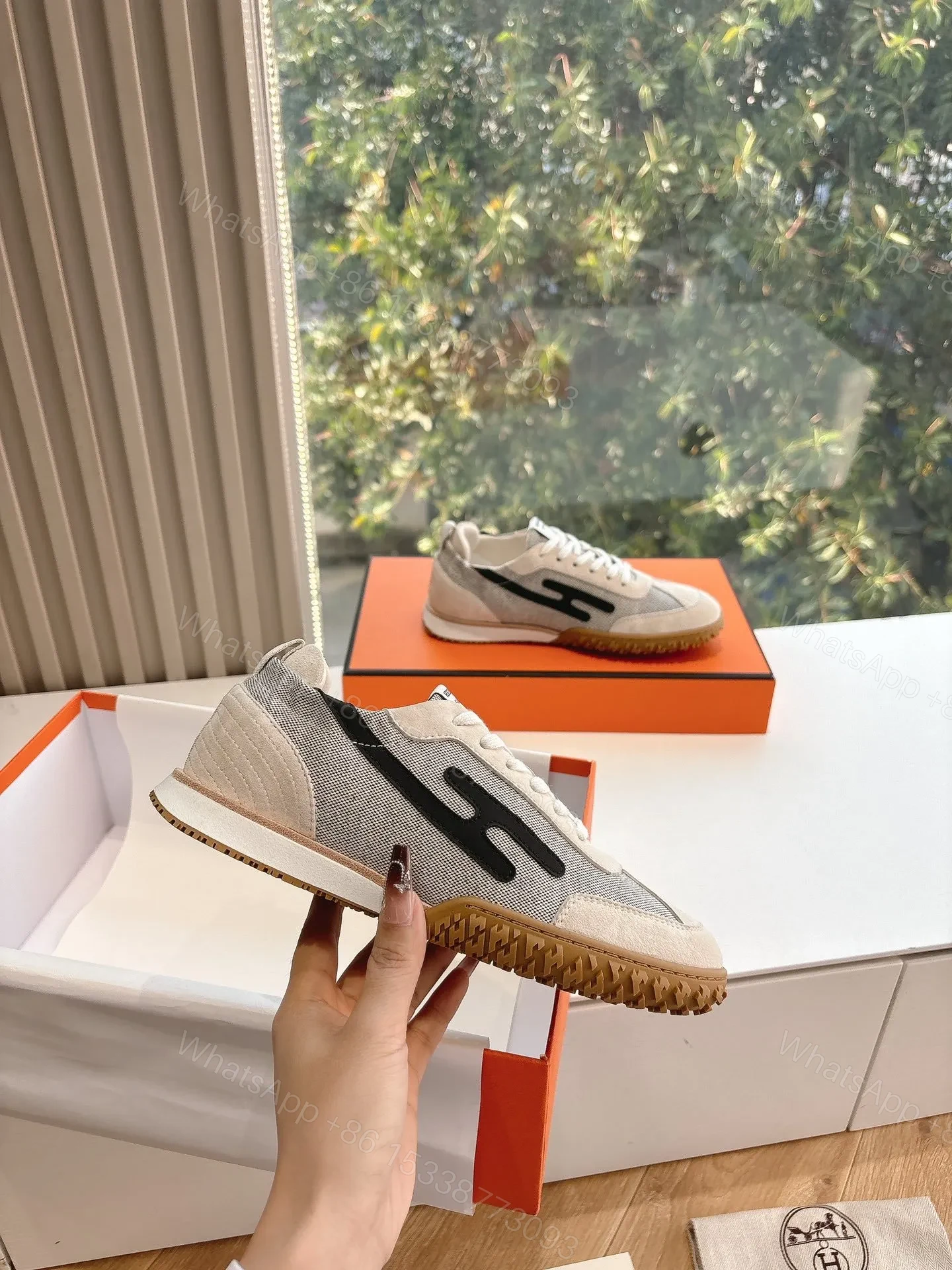 View 5 of Hermes Women White Suede And Mesh Sneakers