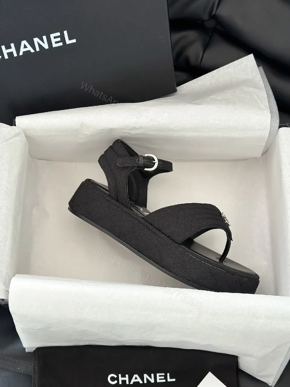 View 7 of Lux Black Sandals • Textured Upper • Logo Strap Luxe Comfort