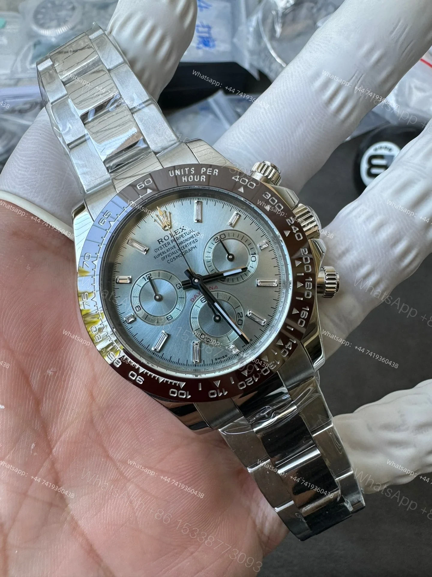 View 7 of Rolex Daytona M116506-0002 Ice Blue Dial 1:1 Replica Watch – Platinum Tone Super Clone 4130