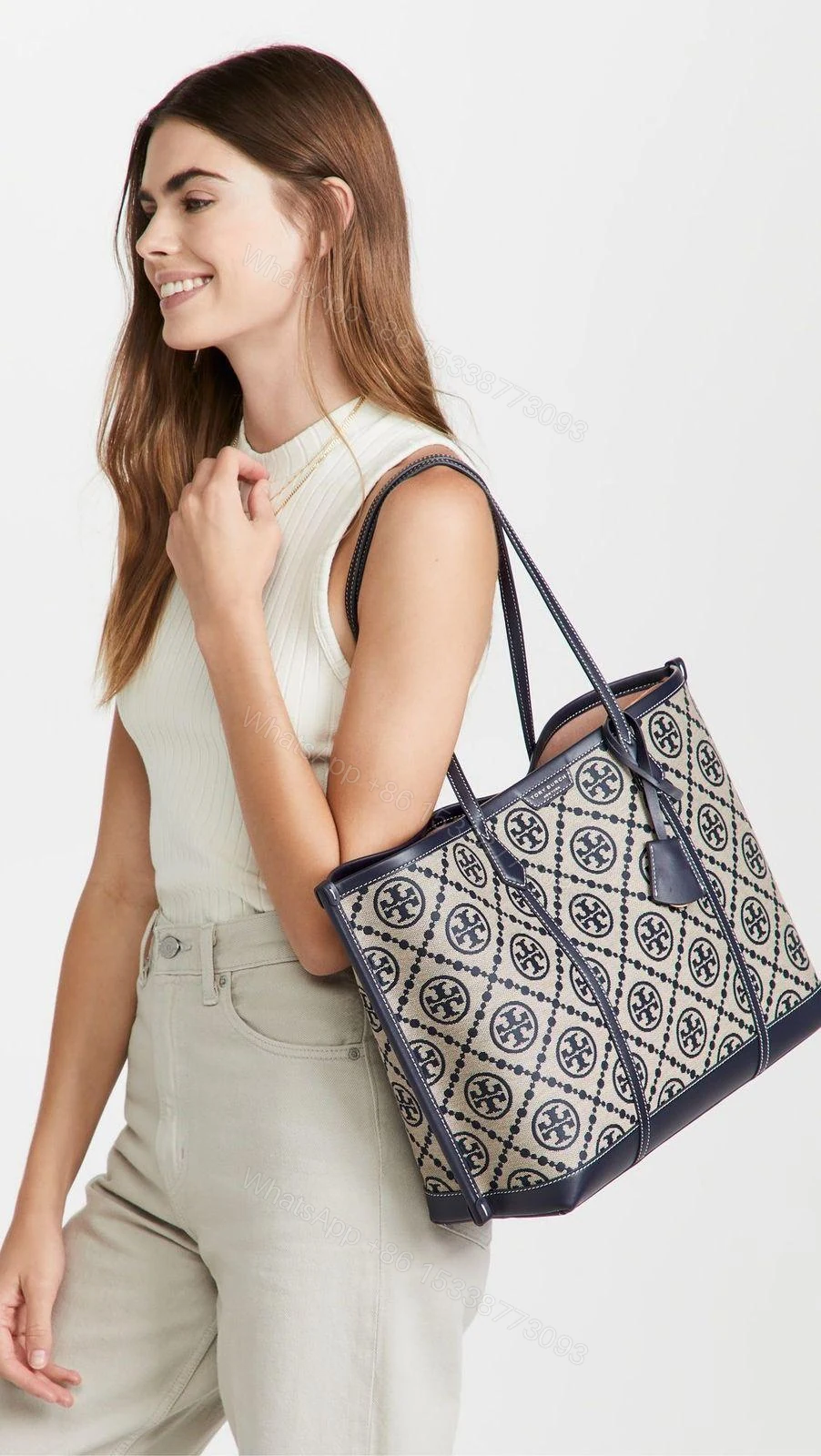 View 4 of Tory Burch Perry T Monogram Triple Compartment Tote First Copy | AAA+ Replica