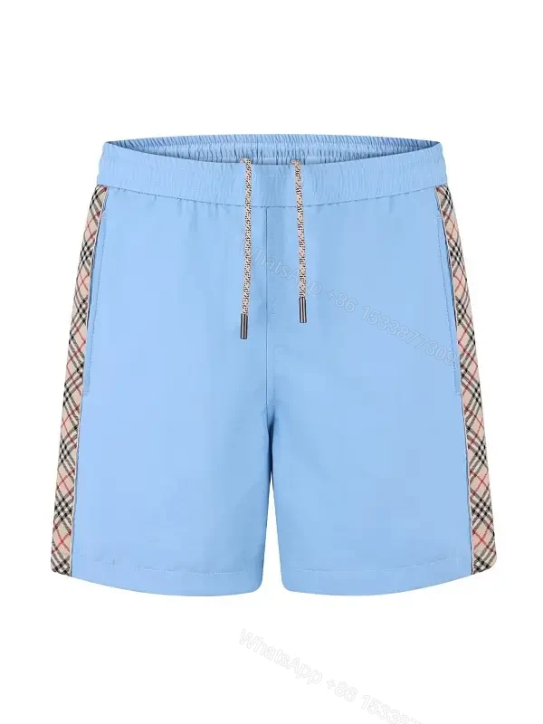 Light Blue Cotton-Blend Swim Shorts with Burberry-Check Side Strips — view 1