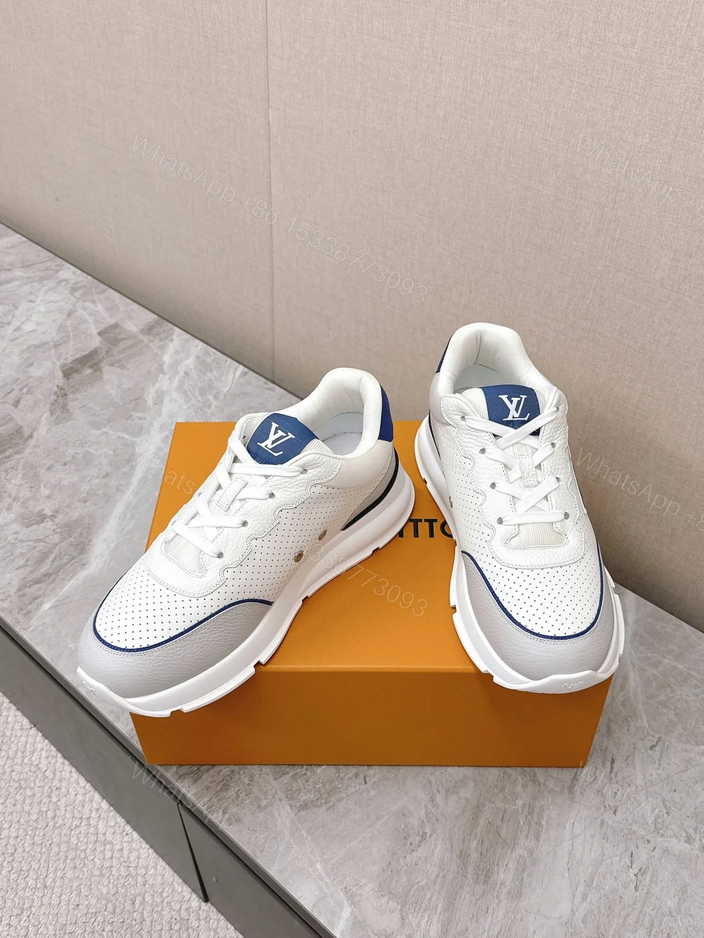 View 6 of LV Women White Leather Sneakers With Blue Accents