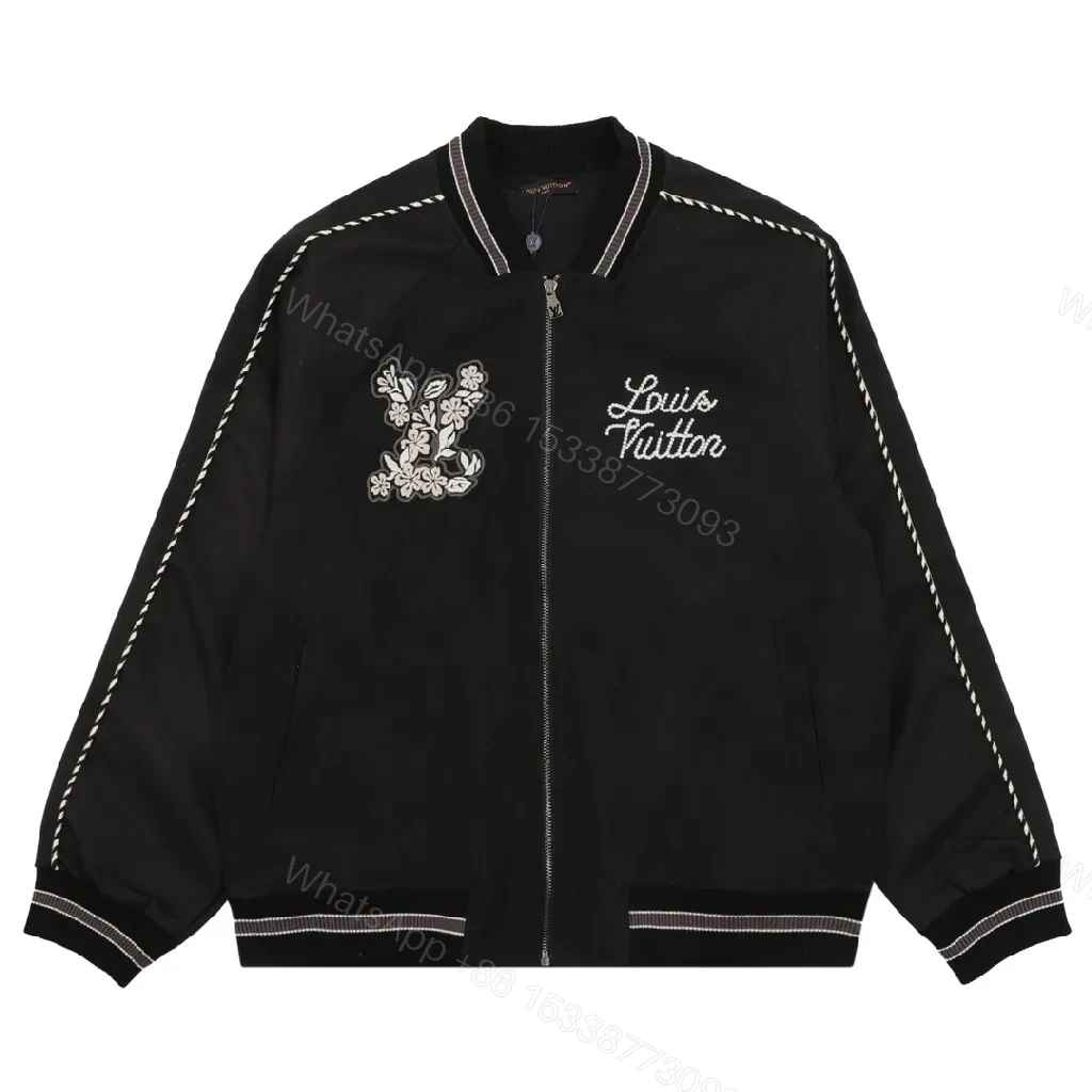 Black Velour Bomber – Bold Floral Applique with Signature Script — view 1