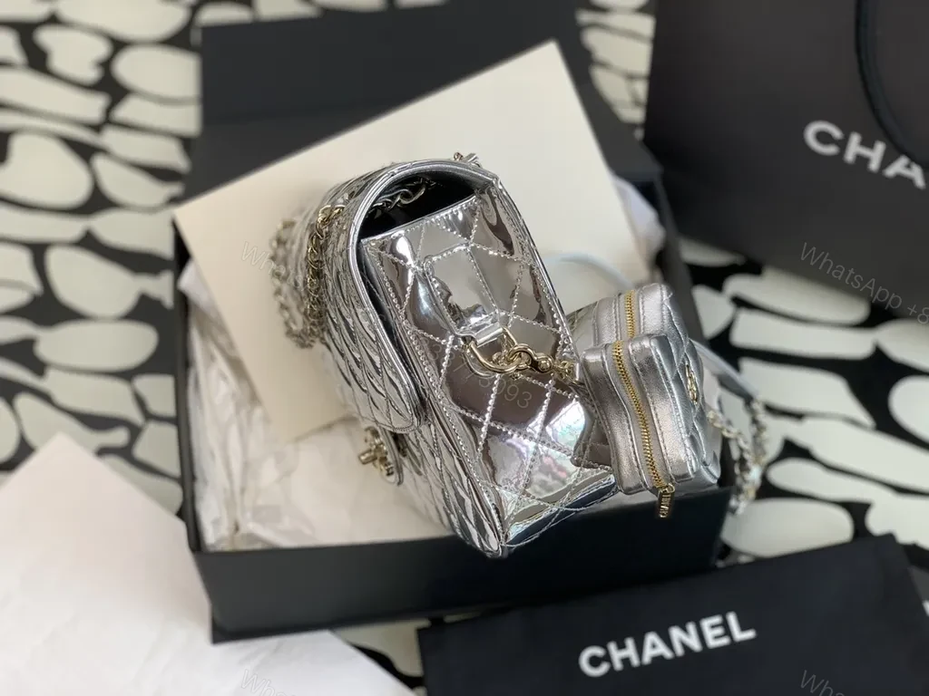 View 4 of Shimmer Quilted Chain Bag â€“ Silver Metallic, Luxe Chanel-Inspired Style