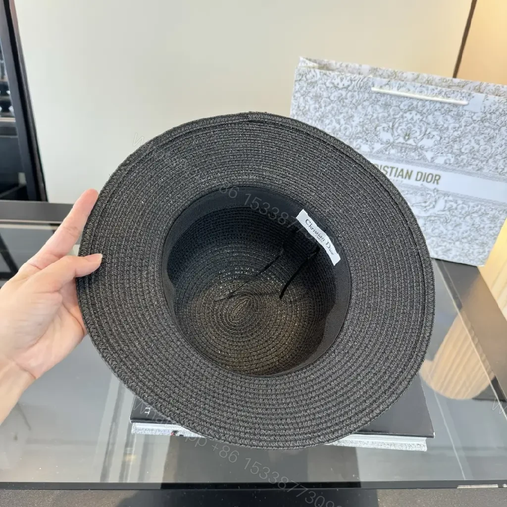 View 4 of Black Woven Straw Hat with Ribbon Band, Dior-Inspired Straw Hat