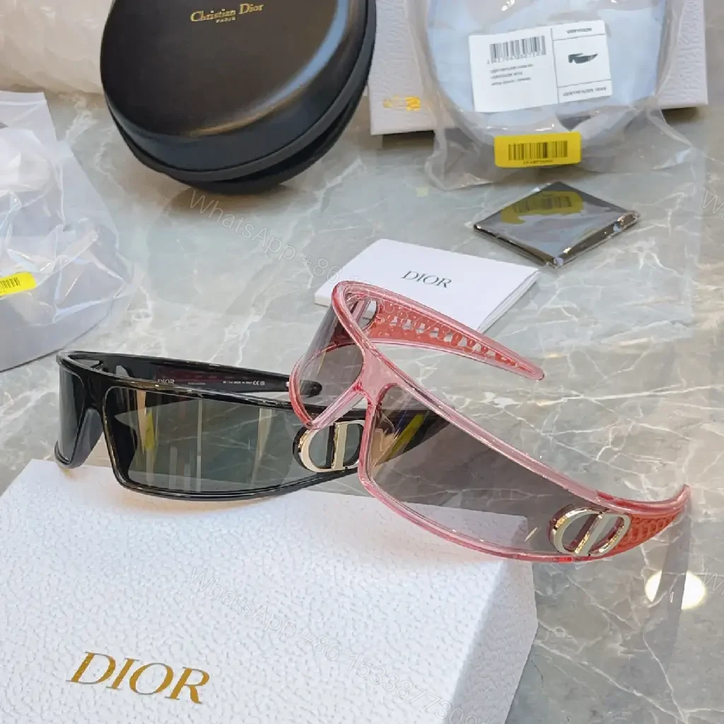 View 7 of Black Frame Sunglasses: Futuristic Wraparound, Dior Gold Logo Lenses
