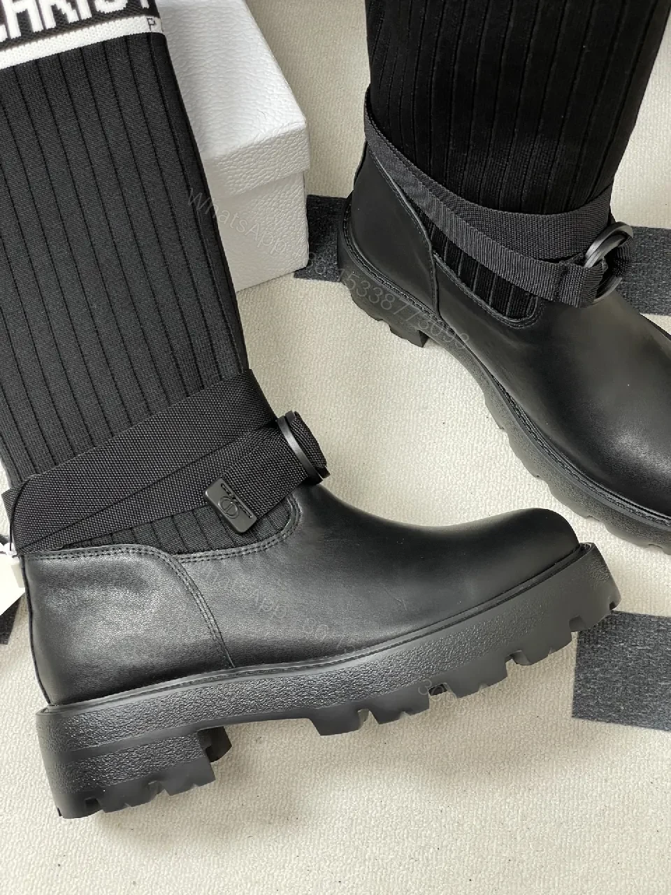 View 9 of Ribbed Knit Leather High-Top Boots: Luxe Streetwear Boldness