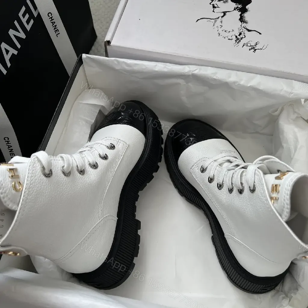 View 2 of Two-Tone Combat Boots: Luxe Urban High-Top with Logo Details