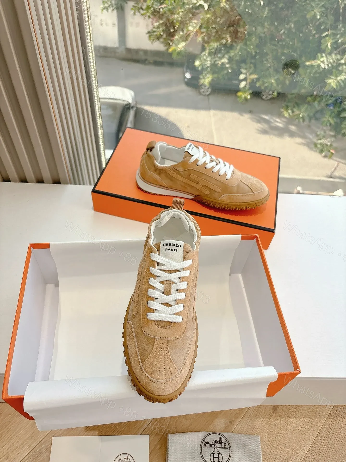 View 5 of Hermes Women Beige Suede Sneakers