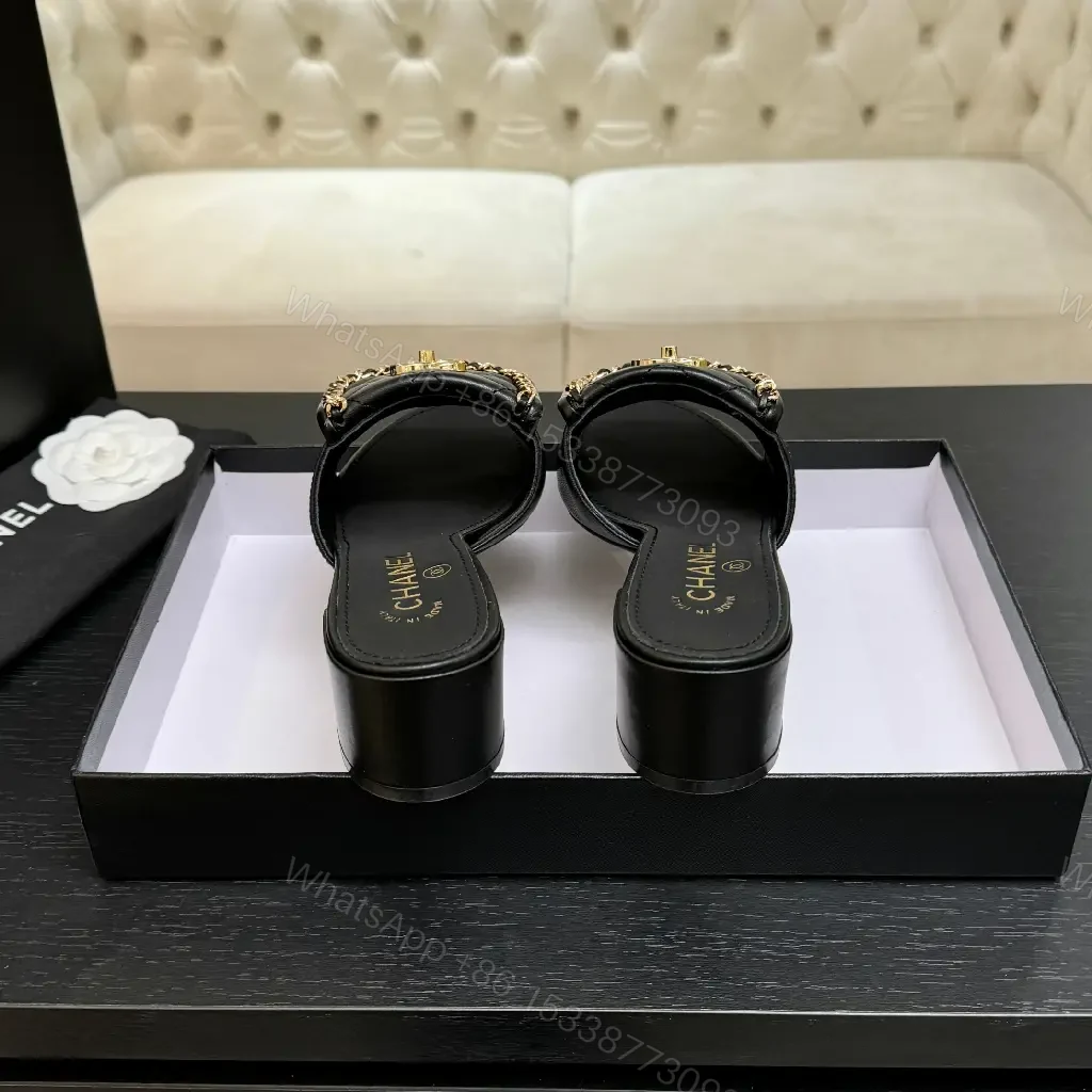 View 6 of Black Calfskin Mules with Gold Chain Link Accent - Open-Toe Block Heel