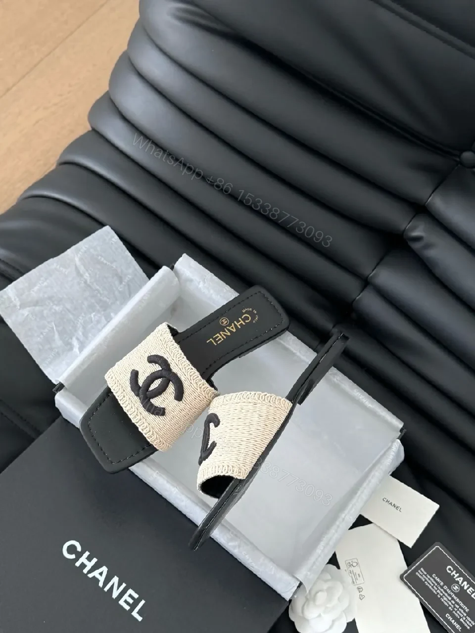 View 7 of Beige Canvas Slides with Interlocking Logo, Luxe-Style Comfort