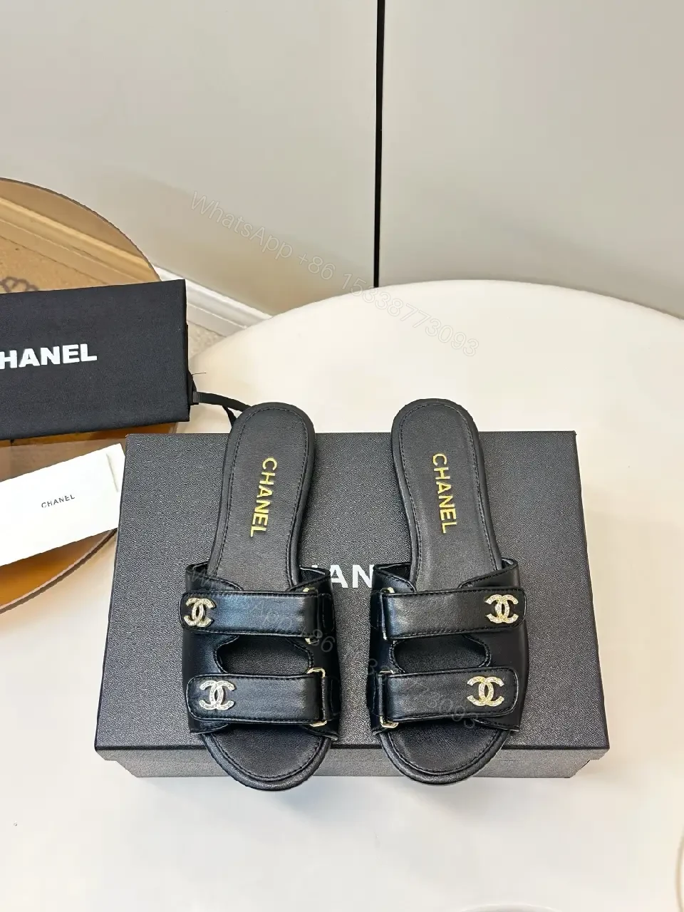 View 6 of Black Leather Slip-On Sandals with Gold Hardware - Sophisticated Everyday Glam