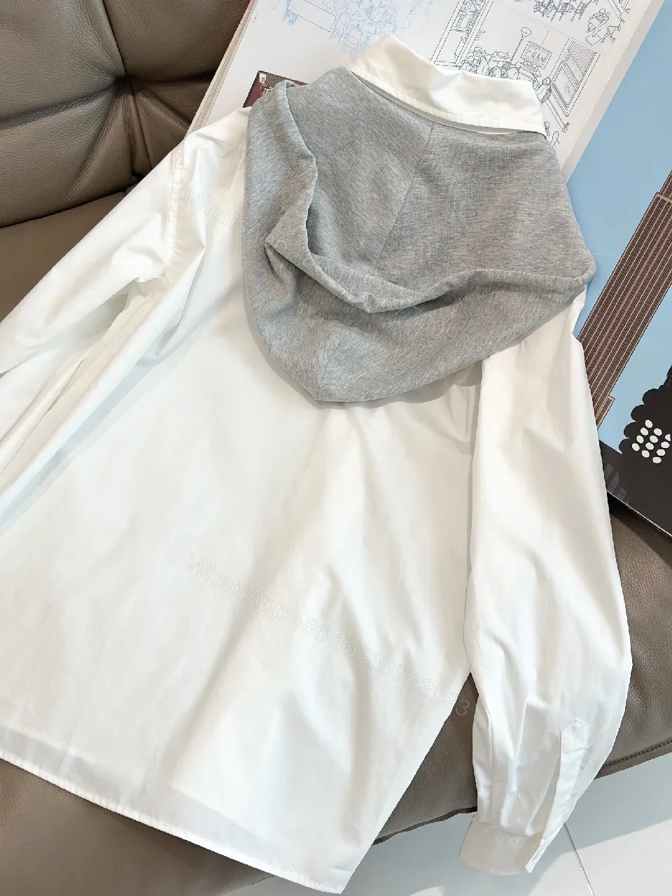 View 3 of White Cotton Shirt Dress Hoodie Detail: Modern Minimal Luxury