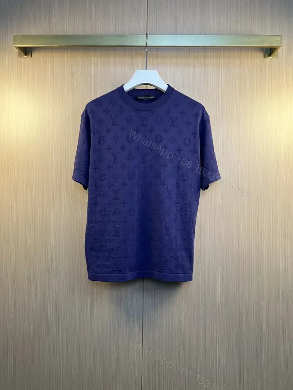 Royal Blue Knit T-Shirt with Tonal LV Pattern, Crew Neck — view 1