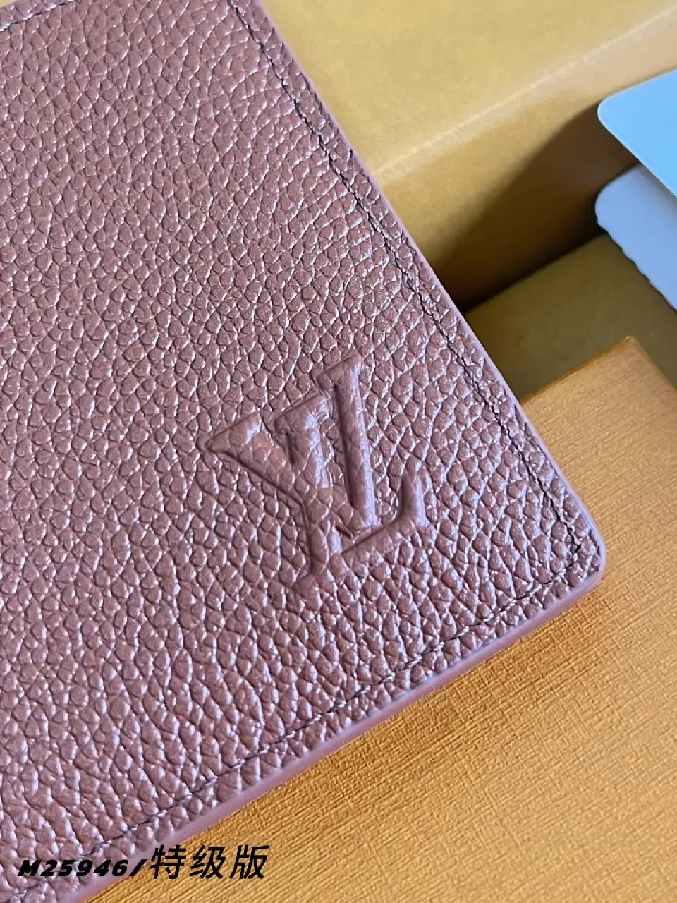 View 5 of Pink-Peach Pebbled Leather Bi-fold Wallet with LV Logo