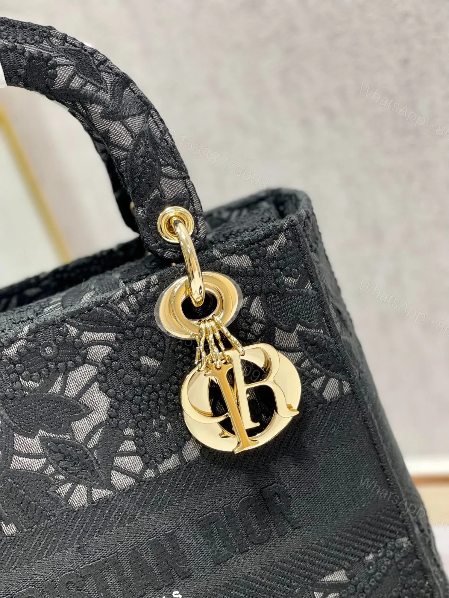 View 5 of Christian Dior Medium Lady D-Lite bag in black lace embroidery