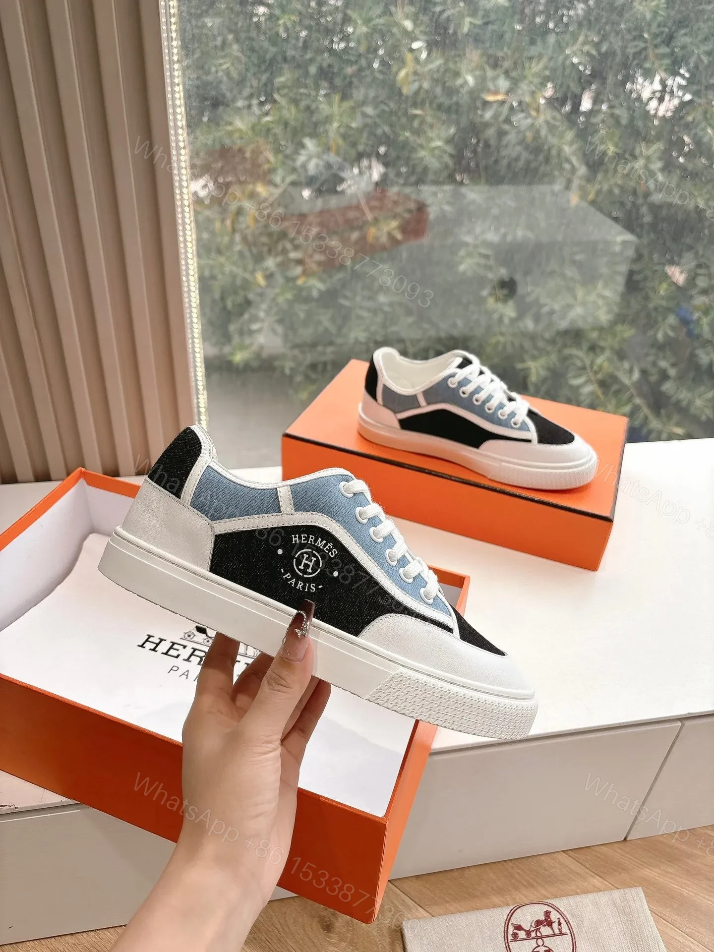 View 4 of Hermes Women Black Blue Canvas And Leather Sneakers