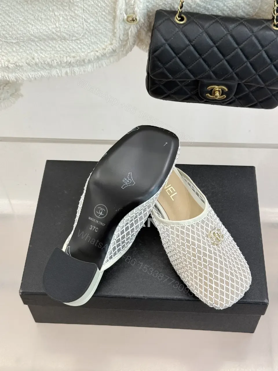 View 8 of White Mesh Mules Silver Heel Classic Chanel Style Slippers