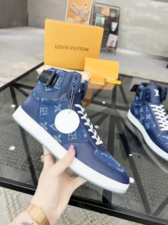 View 2 of Blue Denim High-Top Sneakers with Imitation LV Logo