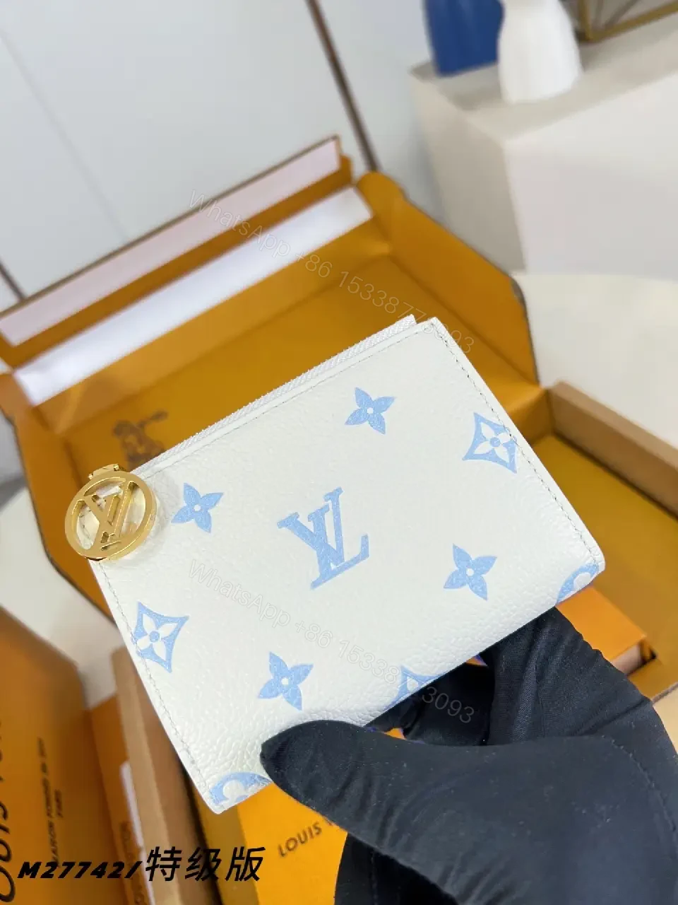 View 5 of Blue Monogram Compact Wallet: Leather, Luxe Minimalist, Secure Zipper