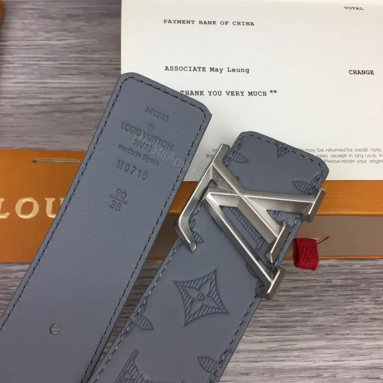 View 3 of Monogram Gray Leather Belt â€” Gold Buckle, All-Occasion Style