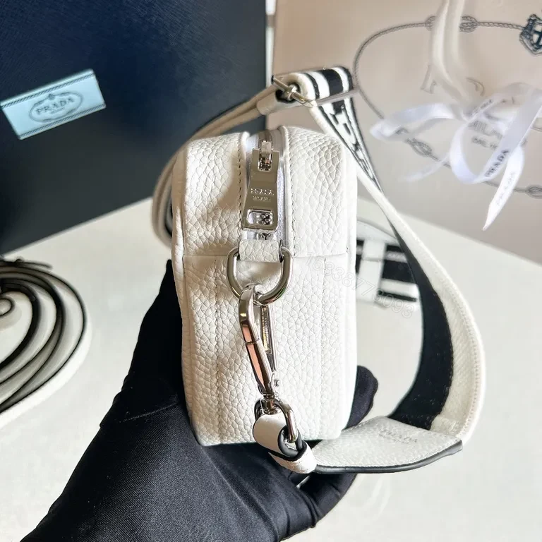 View 5 of White Leather Rectangular Crossbody with Bold Prada-Style Logo Strap