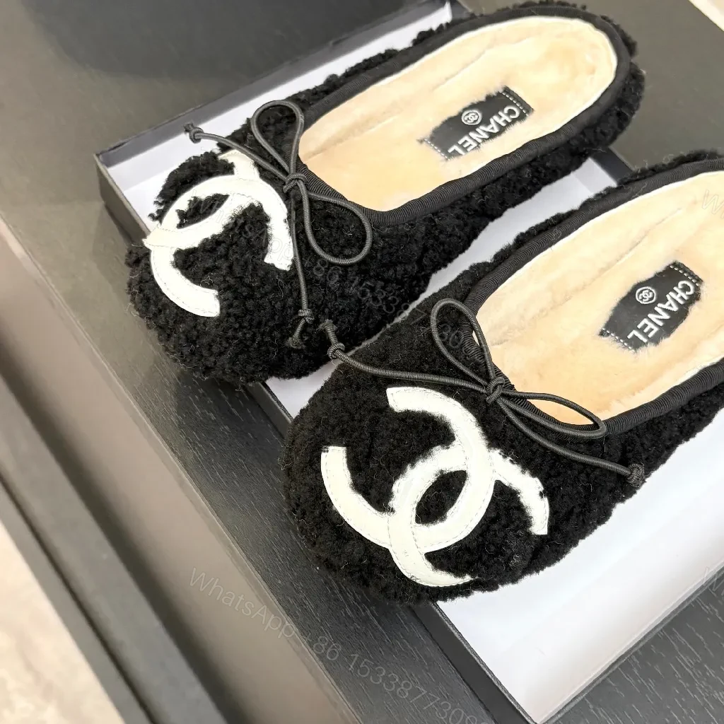 View 6 of Black Shearling Slippers with Logo Accent, Luxe Knit Sole