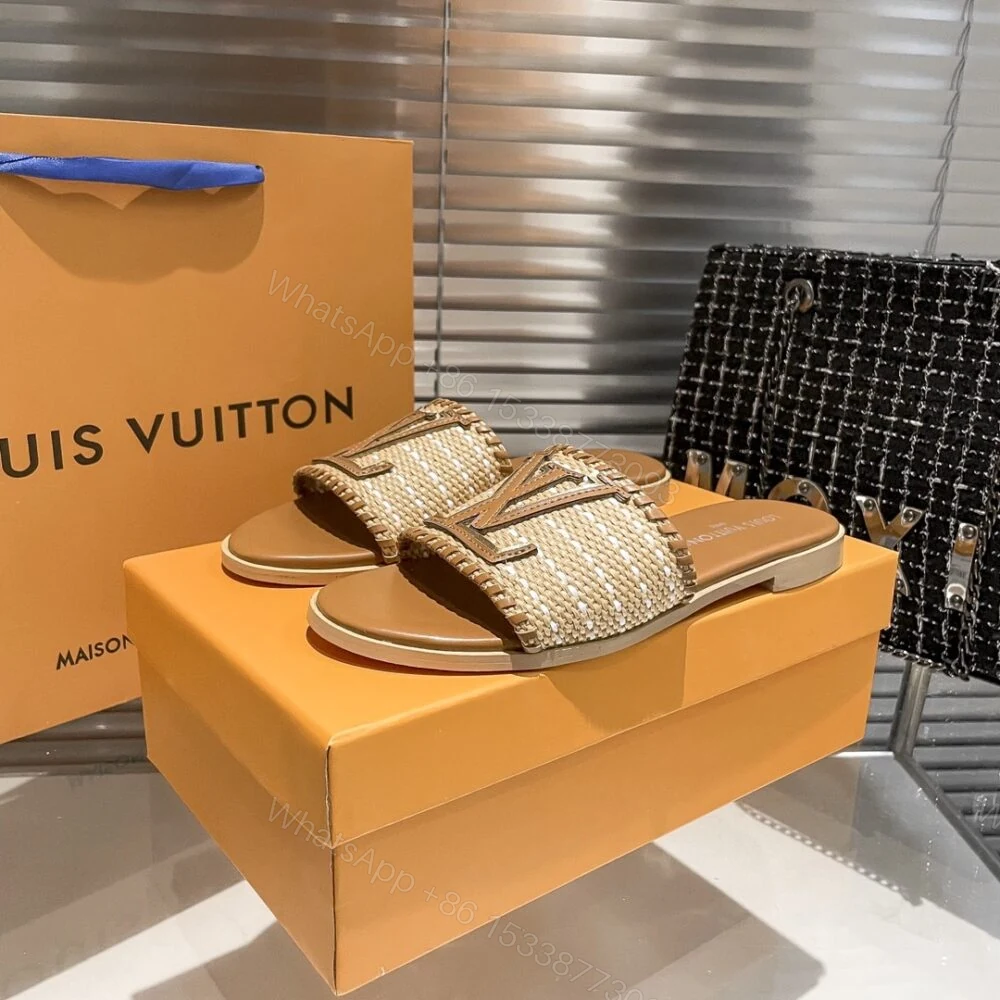 View 4 of Louis Vuitton Lock It Flat Raffia Mules Brown