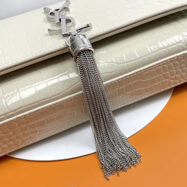 View 3 of Crocodile-Texture Flap Bag: Cream + YSL Tassel Flair